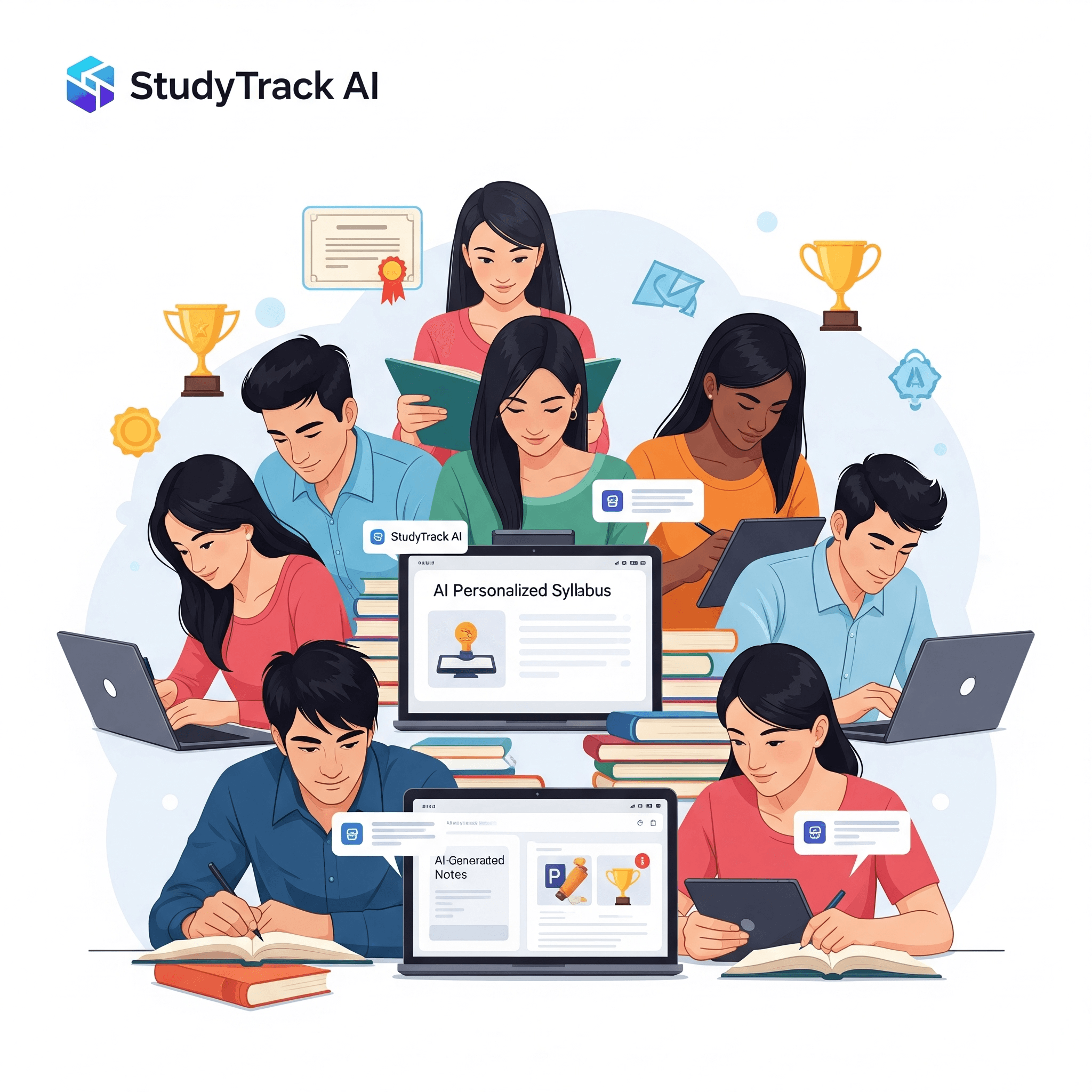 Diverse students achieve academic success using StudyTrack AI features like Personalized Syllabus and AI Generated Notes on laptops and tablets